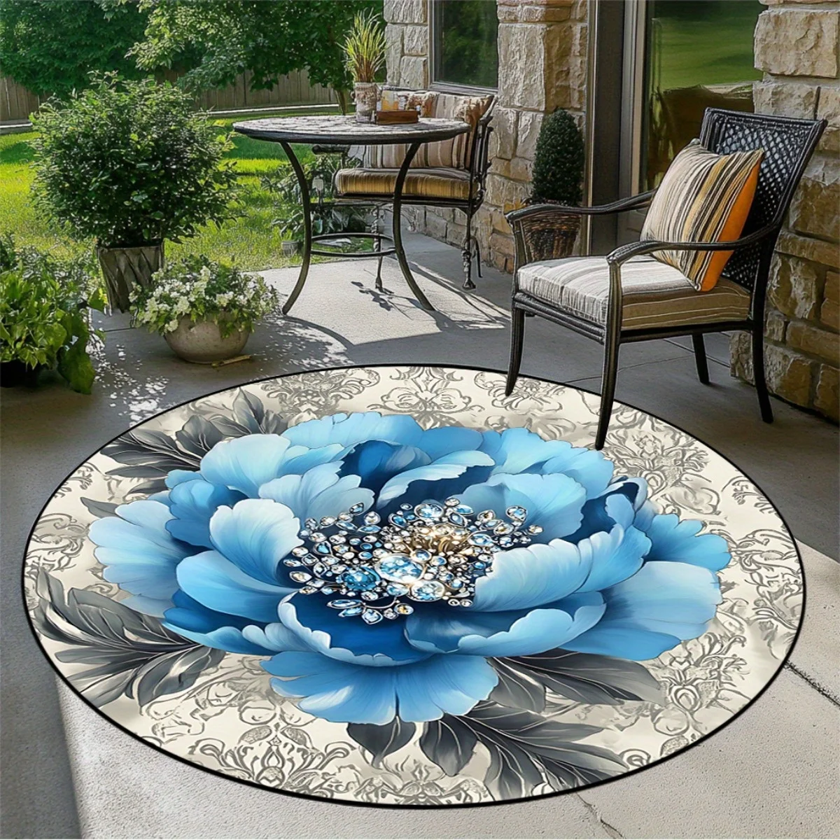 

1 piece blue peony floral round rug, crystal velvet fabric, suitable for bedroom living room decoration