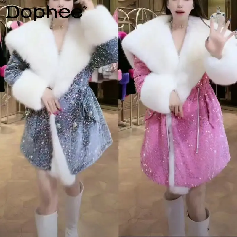 Fashion Fox Fur Collar Thickened Faux Fur Coat Female 2023 Winter New Sweet Sequins Shiny Warm Long Sleeves Jackets for Women