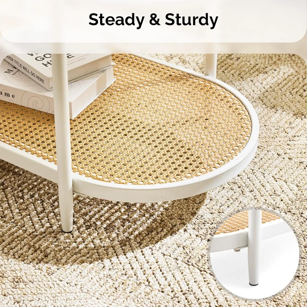 Mesa de centro moderna de metal y vidrio de 2 niveles con diseño ovalado de ratán y solución de almacenamiento estilo granja