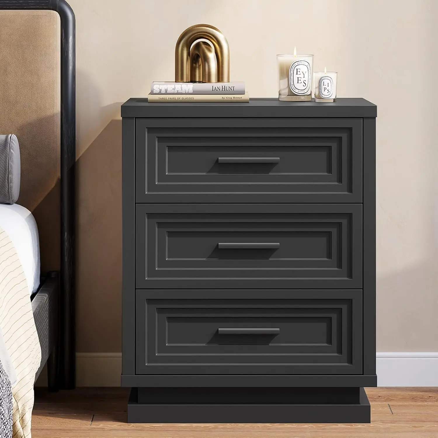 Black 3-Drawer Nightstand with Metal Handle, Wood Modern Bedroom End Table, Customized