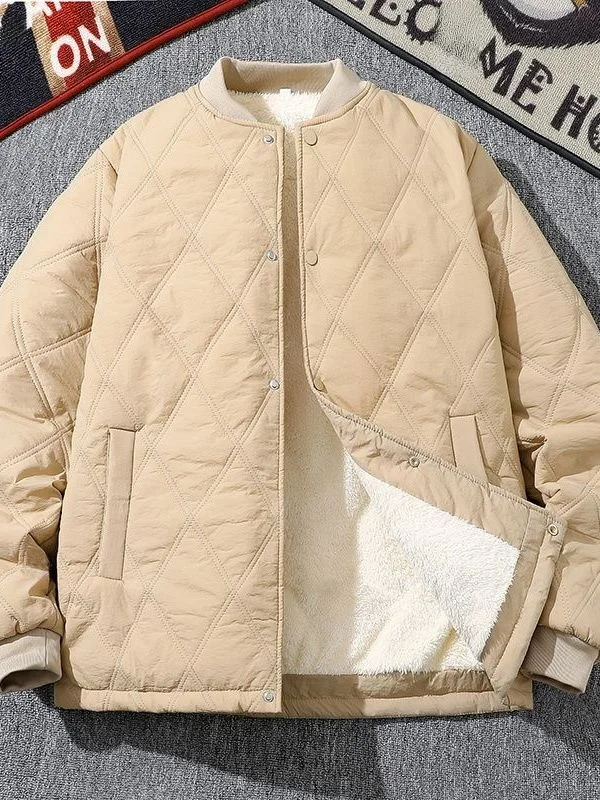 

Men's Winter Thiened Diamond Patterned Fce Lined Baseball Jaet Cotton Outerwear Coat Warm Casual Long Sve Button up
