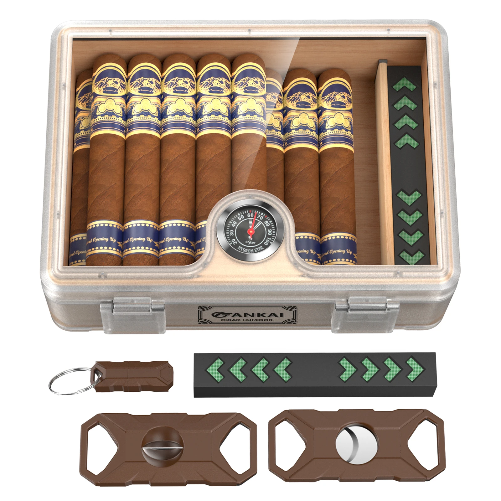 Humidor Cigar Box, with Straight Cutter Guillotine, V Cut, Puncher, Glass Top Case, Cedar Wood Lining, Humidifier Hygrometer