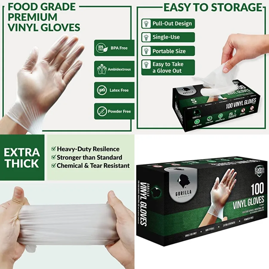 

GORILLA SUPPLY Disposable Heavy Duty Vinyl Gloves Latex Powder Free, BPA Free Food Safe,,, 0, S, M, L, XL