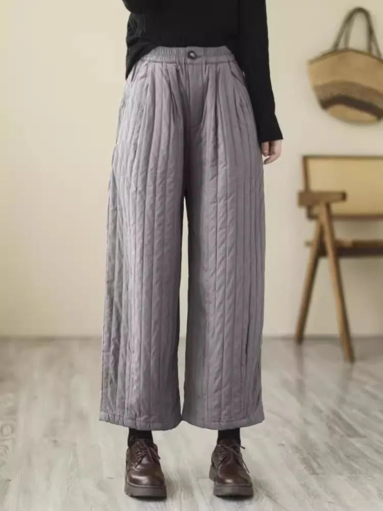 Women Winter Down Cotton Trousers 2024 New Oversized Elastic Waist Quilted Wide Leg Pants Thermal Cotton-Padded Windproof Pants