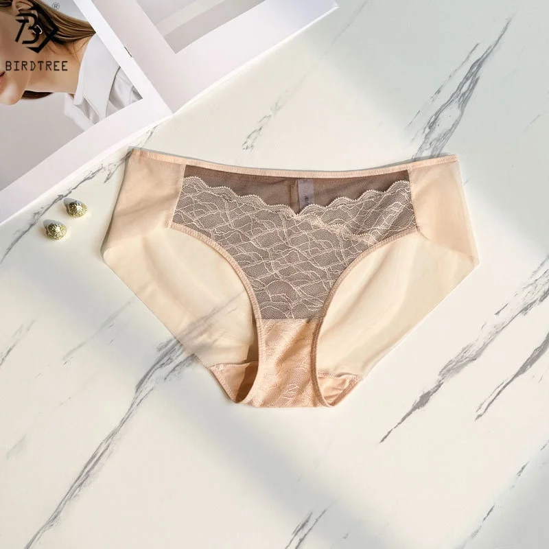

Birdtree 89% шелковые трусики из 11% спандекса с промежностью, женские дышащие кружевные трусы со средней талией, новинка 2025 года P58114JF