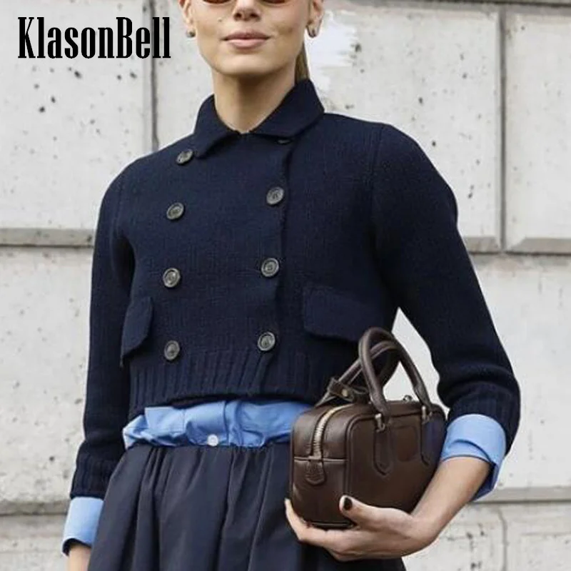 10.16 KlasonBell Fashion Runway Lapel Double Breasted Wool Knit Keep Warm Cardigan Fit Women Sweet All-match Short Coat