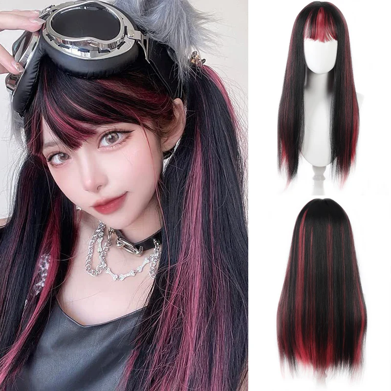 Hitam dan merah wig sintetis lurus panjang bergaris-garis Y2K gadis panas lolita Halloween penggunaan cosplay Natal