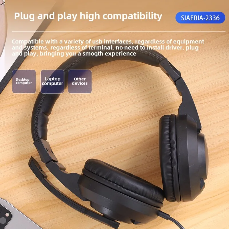 Head mounted gaming headphones adjustable with LED lights Ultra light Cable RGB Headsets for USB interface