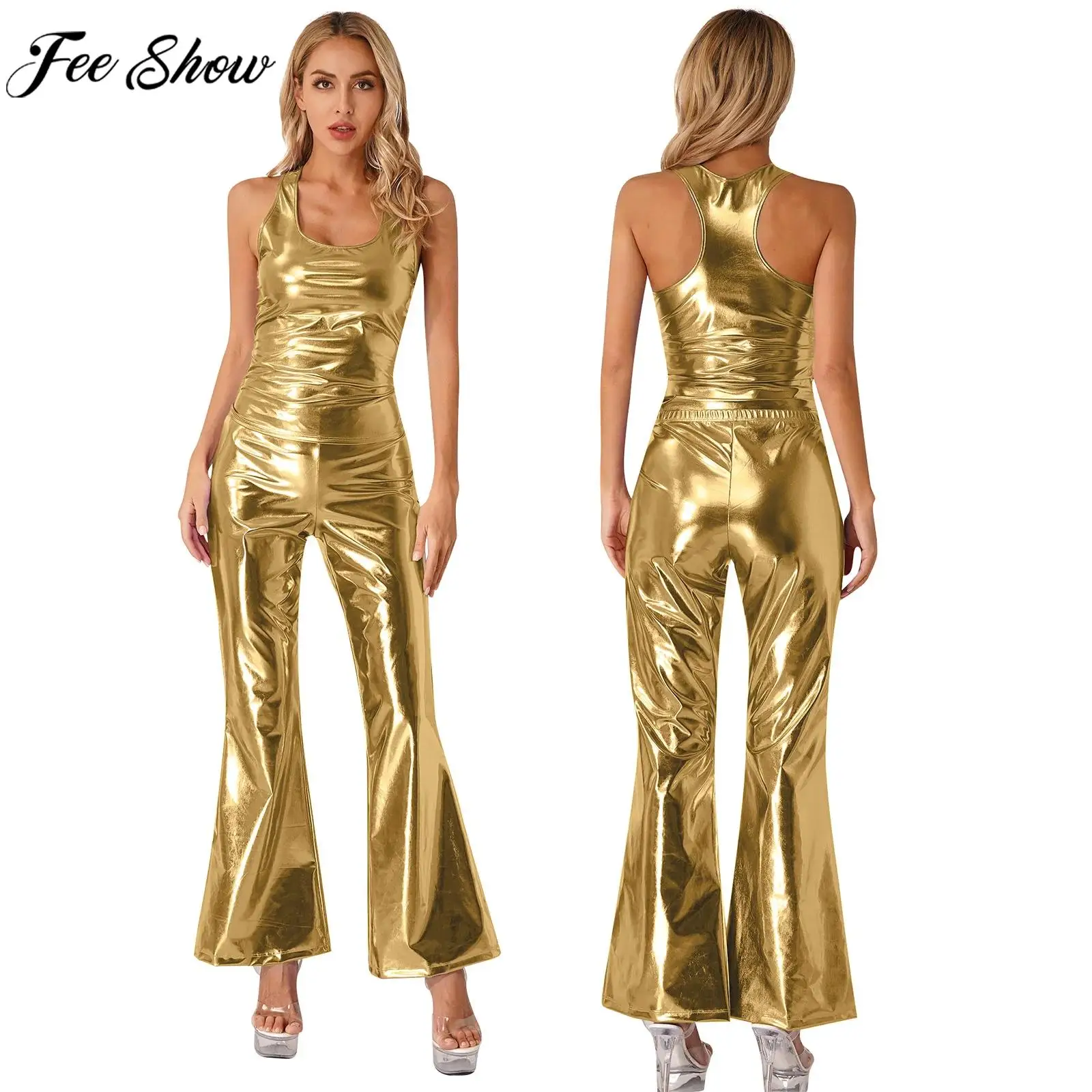 Women Metallic Shiny Sleeveless Racer Back Tank Top with Flare Pants Set Disco 70's Theme Party Music Festival Nightclub Costume