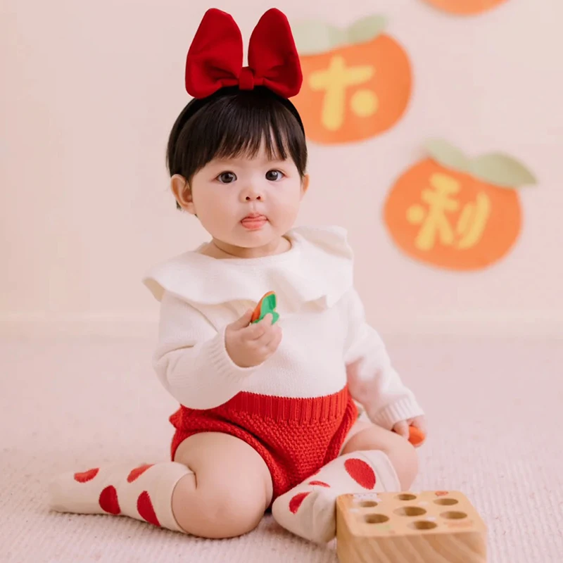 

Autumn Kids Romper Red Baby Girl Long Sleeve Knitting Romper Christmas Clothes Newborn Girls Patchwork Jumpsuit Clothes Outfit