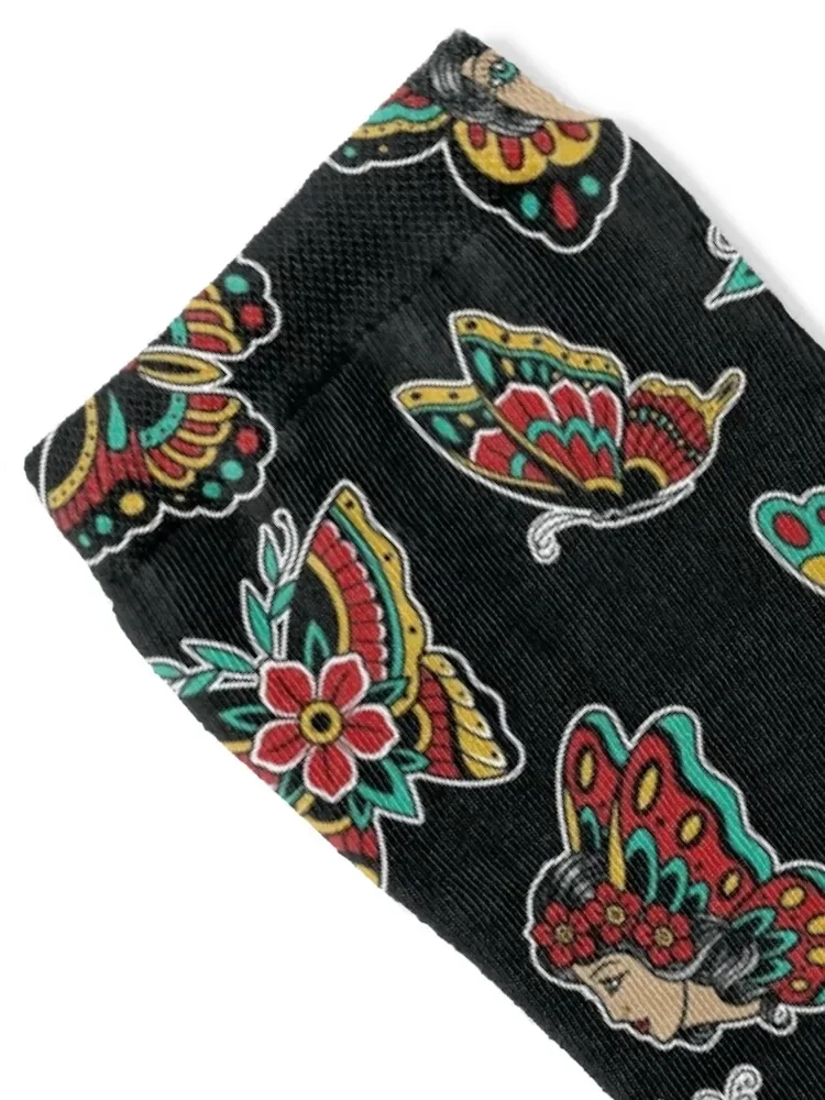 American Traditional Butterfly Tattoo Flash Pattern Socks crazy football Thermal man winter shoes Socks For Girls Men's
