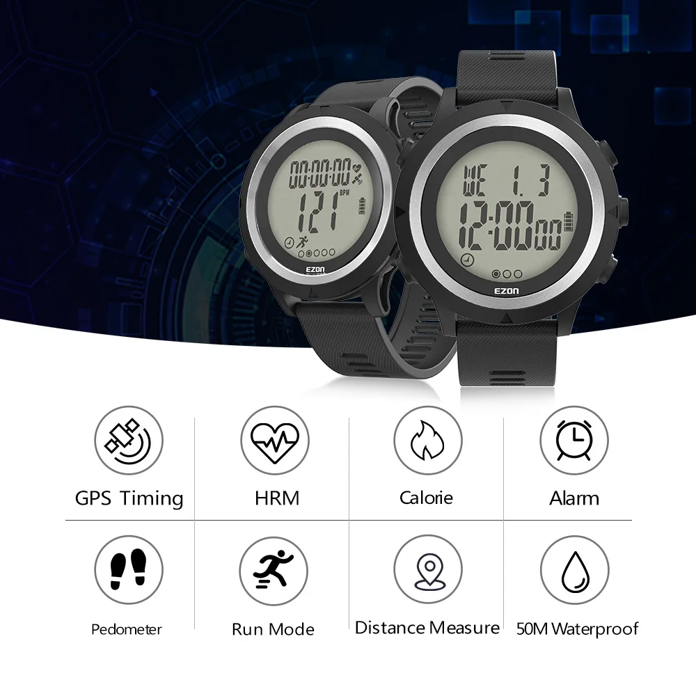 GPS Running Fitness Digital Sports Watches with Optical Heart Rate Monitor Pedometer Calorie Counter Chronograph 50M Waterproof