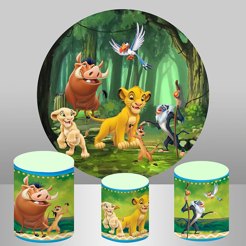 

Green Forest Cartoon Lion King Round Backdrop Cover Boys 1st Birthday Party Circle Backgrounds Cylinder Covers Custom Props