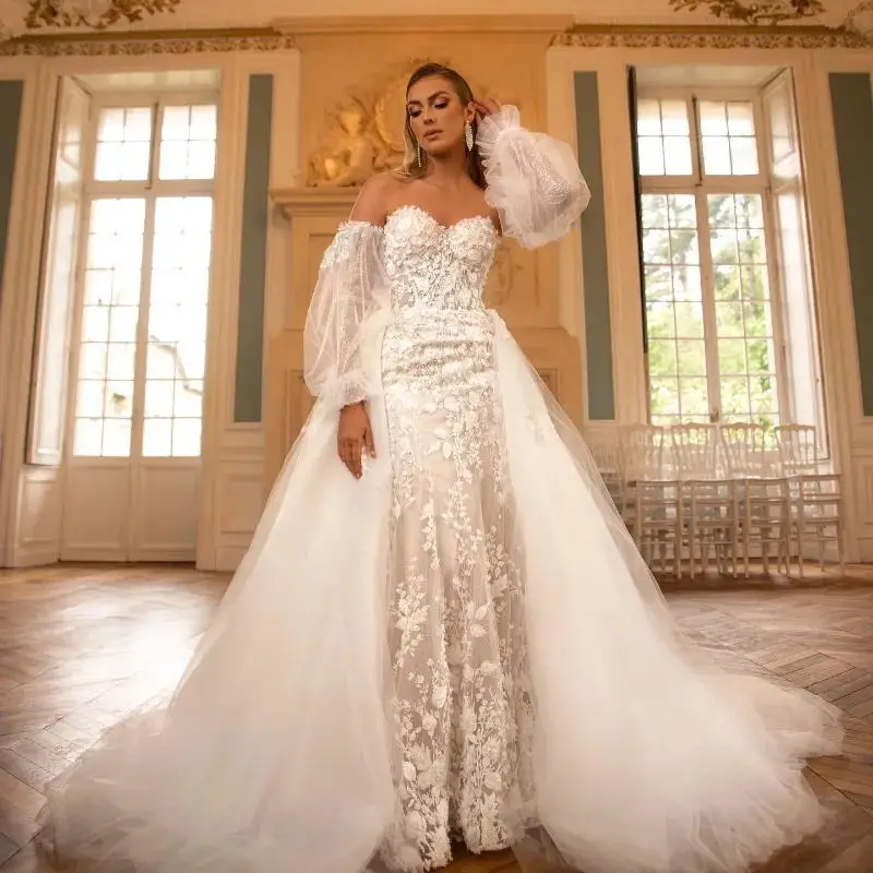 Fabulous Sweetheart Mermaid Wedding Dresses Glitter Puffy Sleeve Bridal Gown Detachable Train Lace Appliques Trumpet Mariage