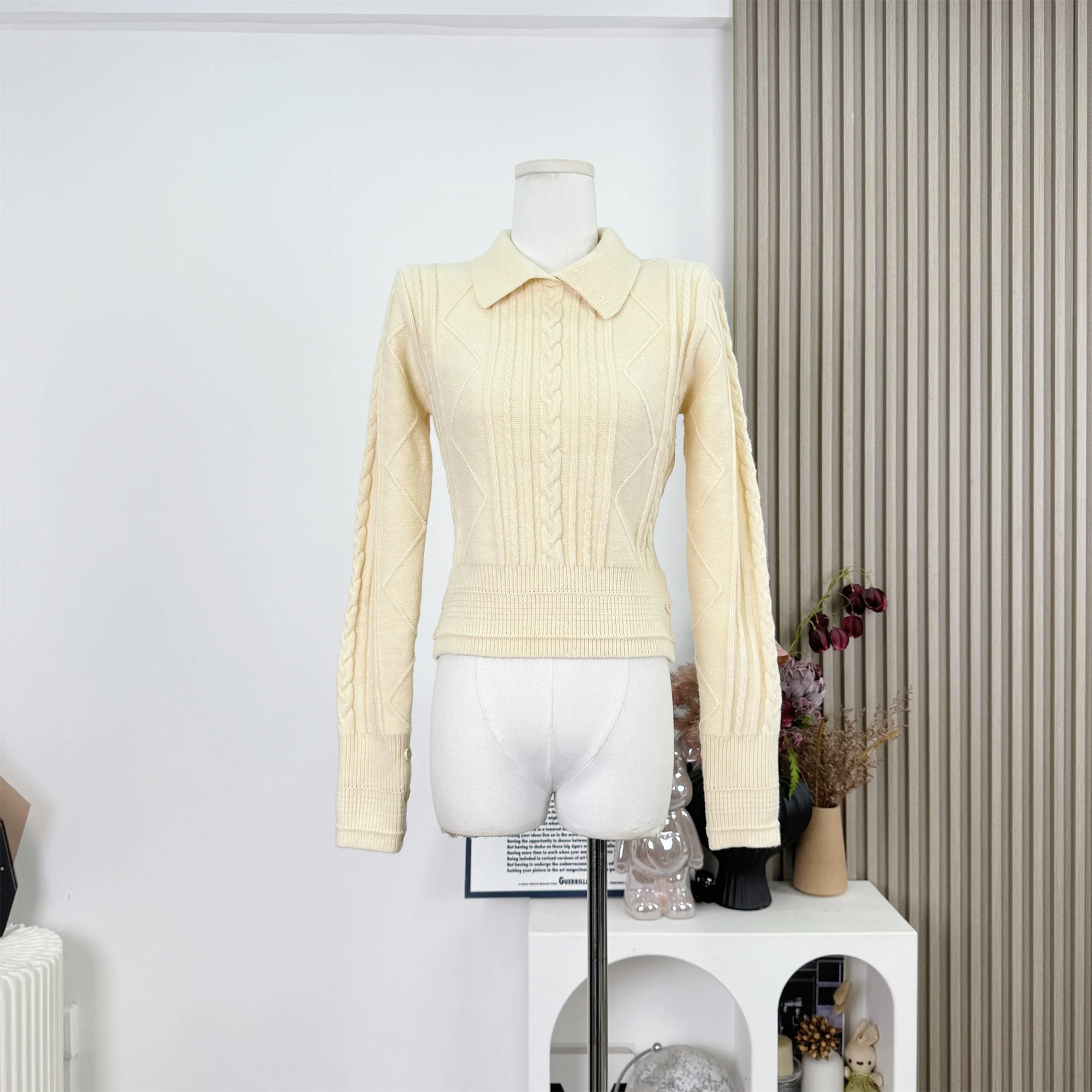 

Women's Autumn Winter Chic Solid Twisted Pattern Long Sleeve Sweater Lady Polo Collar Wool Blend Pullover Basic Jumper Tops F344