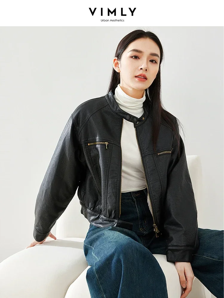 

VIMLY Women's Black Quilted Leather Jackets Winter 2025 Warm Motorcoat Style Round Collar Zip Up Ladies Short Outerwear M5320