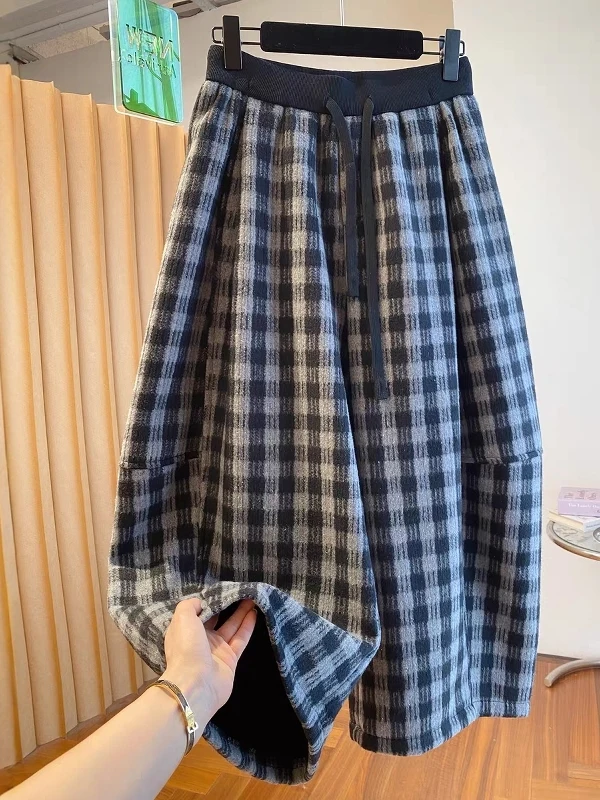 

Женские шерстяные брюки-палаццо с подкладкой, в клетку, с высокой талией, прямого кроя, больших размеров, длиной 7/8, повседневные