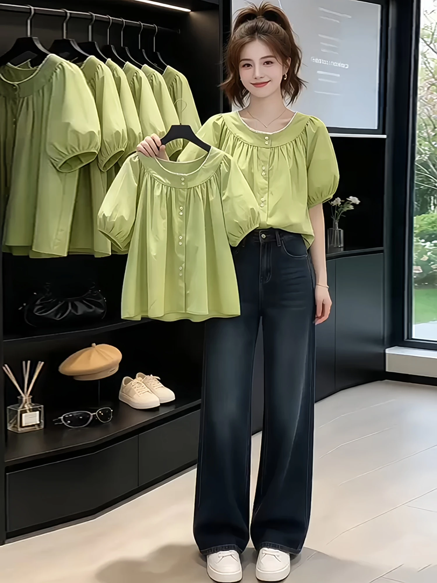 

Summer 2026 Women's Green Short Sleeve Shirt Casual Loose Fit Breathable round Neck Button up Korean Style Fashionable Versatile
