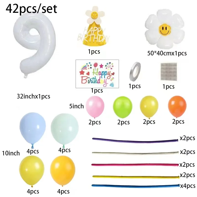 42pcs Daisy Flower Balloon Set 32inch 1-9 White Digital Balloon Tower For Kids Happy Birthday Party Decoration DIY Crafts Supply