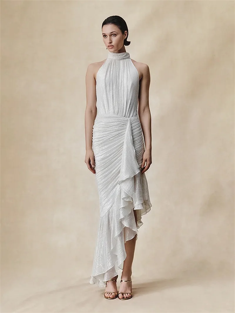 Sexy White Prom Dress High Neck Backless Sleeveless Sheath Midi Party Gown Ruffles Autumn Formal Wedding Birthday Evening Robe
