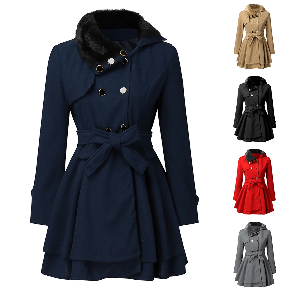 

Women's Winter Slim Long Faux Wool Collar Coat Double Breasted England Style Trench Long Sleeve Outwear Comfortable M-2XL