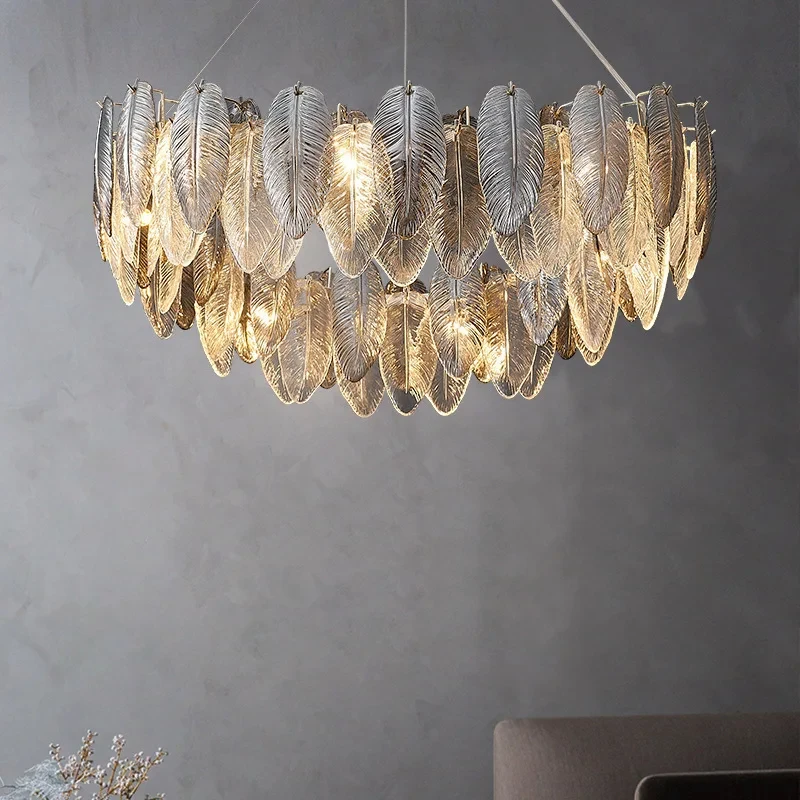 

Creative LED Feather Glass Ceiling Chandeliers Luxury Villa Pendant Light Atmosphere High-end Living Dining Room Hanging Lamps