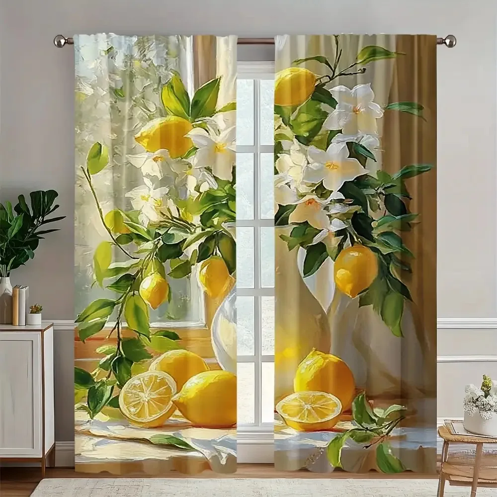 2PCS Vintage Curtains, Lemon Floral Oil Painting, Digital Print, Bedroom Living Room, Office, Polyester, Window Drapes