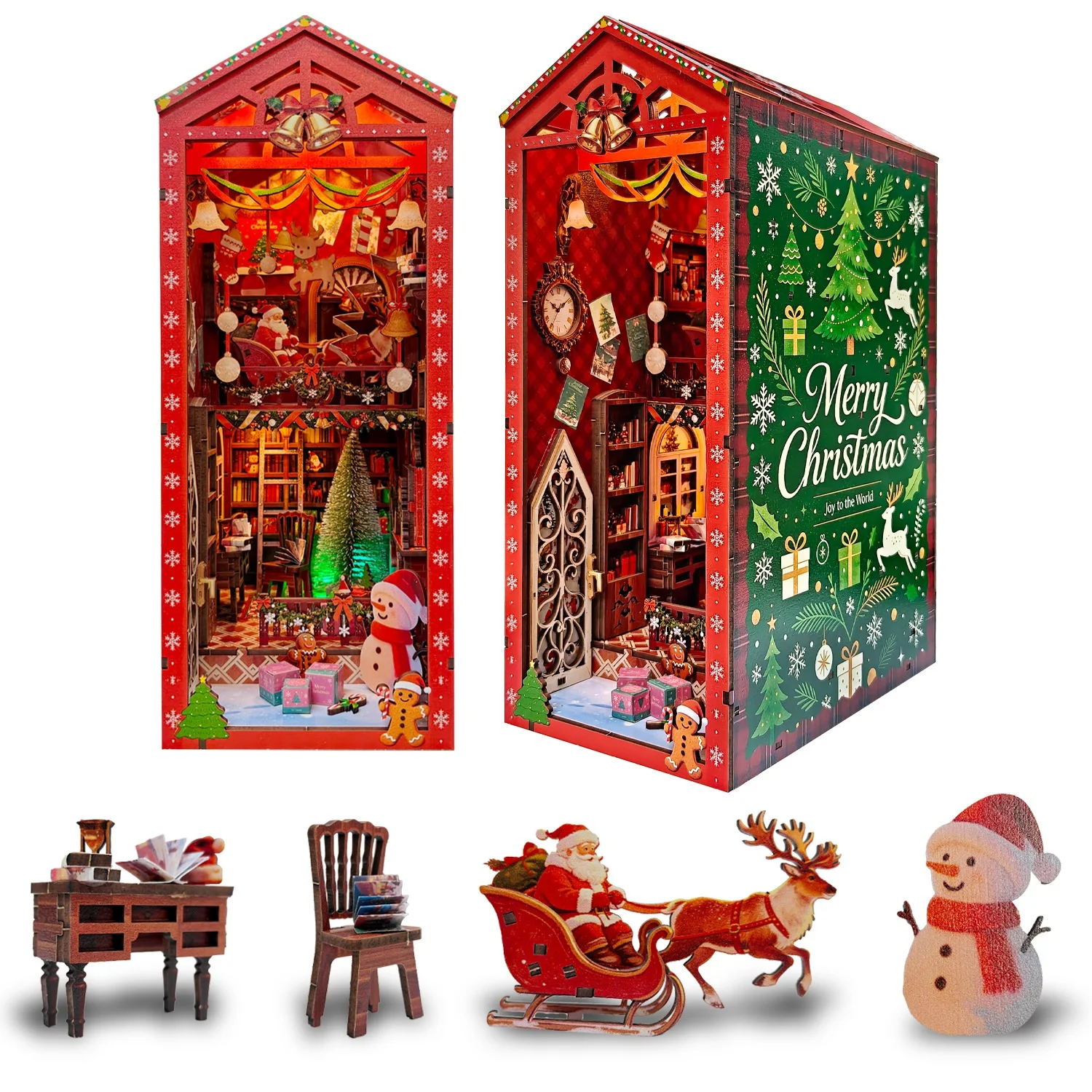 DIY Book Nook Shelf Insert Kit Christmas Bookend Miniature Dollhouse 3D Puzzle Assembly Model Kit for Adults Birthday Gifts Toys