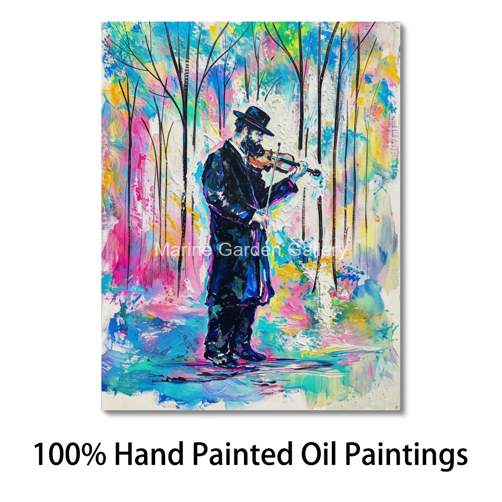 Hand Painted Forest Violinist Oil Painting Colorful Jewish Musician Portrait Large Textured Canvas Art for Living Room Decor