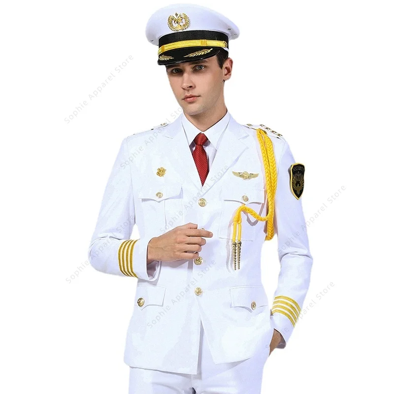 

Security Guard Uniform White Men Property Concierge Jacket Pants Hat Ribbon Accessories Workwear Military Clothes US Navy Suit