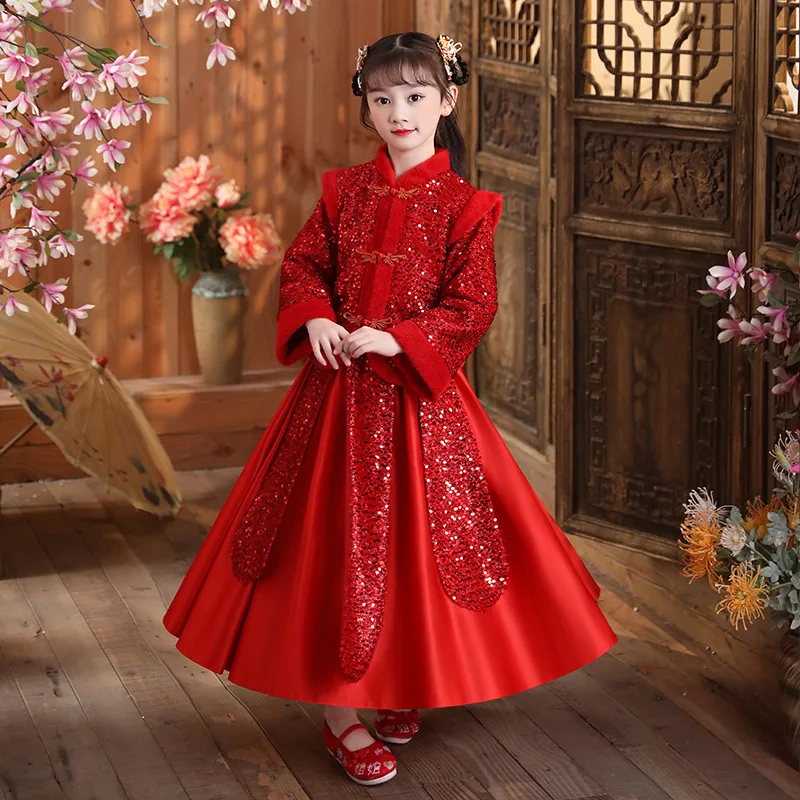 

Winter New Year Dress Girls Sequined Chinese Lovely Tang Suit Kids Traditional Long Sleeve Ancient Hanfu Cotton-padded Clothes