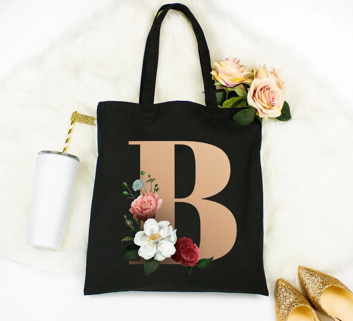 Rose Gold Alphabet Fashion Black Canvas Shopping Bag Reusable Shoulder Zipper Pouch Flowers Eco Tote Bag Wedding Party Gift