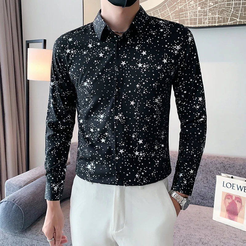 Streetwear Long Sleeve Men Shirts Trend Silver Bronzing Star Slim Korean Social Shirt Men Spring Night Club Party Mens Clothes