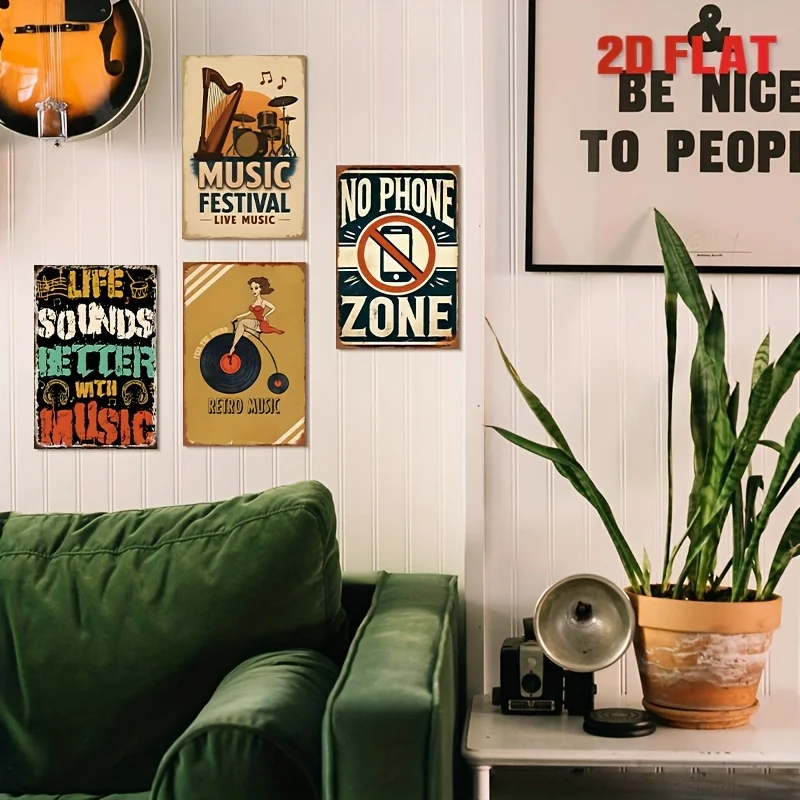 2D Flat Decorative Signs & Plaques 4pcs Vintage Music Theme Metal Tin Sign - 8x12inch - For Home, Restaurant, Bar, Cafe, Garage