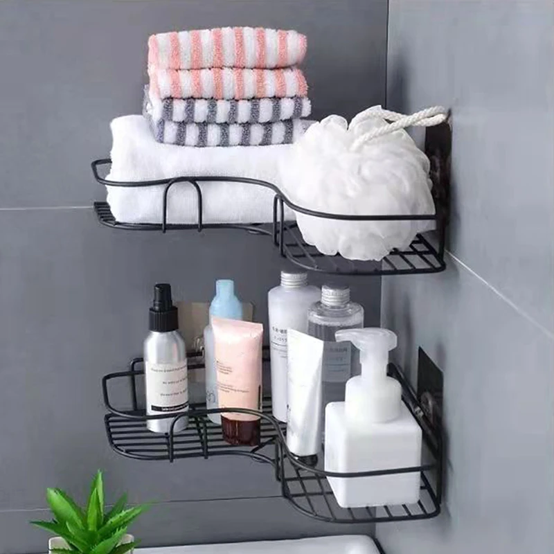 

Bathroom Corner Storage Shelf Wall Mounted Rack Shampoo Storage Cosmetic Holder No Punch Iron Triangle Rack