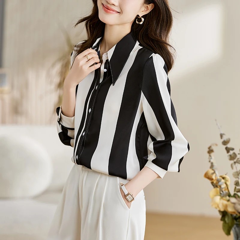 

Office Striped Loose Blouse 2023 Turn-down Collar Top Oversized Women Long Sleeve Shirt Vintage Button-up Blusa Femininas