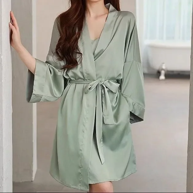 Nightgown Soft Bathrobe Short Women's Lounge Bride Bridesmaid Morning Gown Solid Color Wedding Party Silky Robes Summer