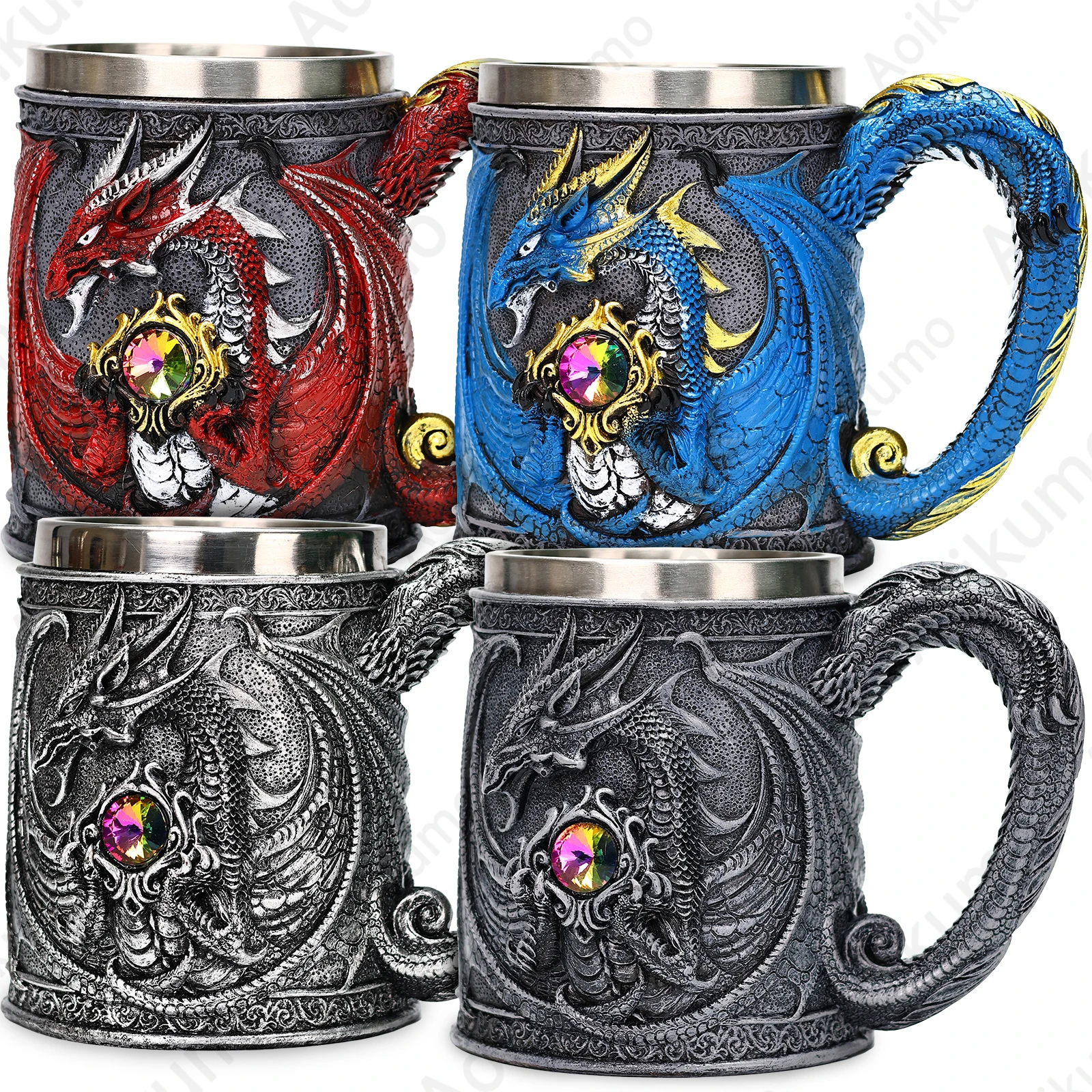 2024 New Evil Dragon Gem Tankard 304 Edelstahl Innenbier Tee Kaffeetasse Stein Tasse 450 ml Halloween Geschenk