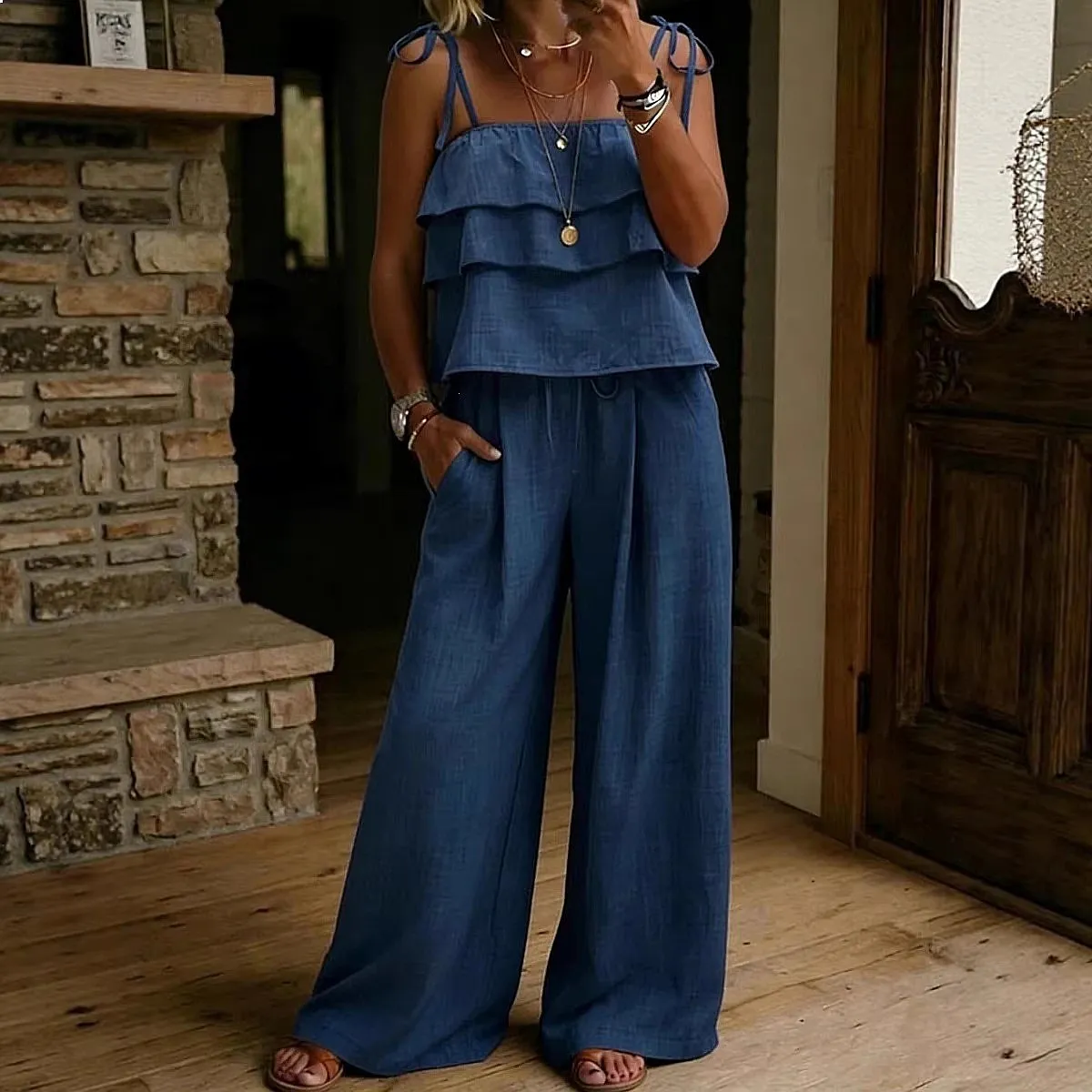 Satin Backless Tie Blouse Top Wide Leg Pants Set Jumpsuit Playsuit Spring Summer