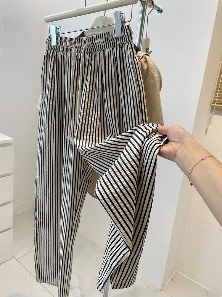 

Summer High Waist Wide Leg Striped Casual Pants Women's Thin Sun Protection Floor-Length Trousers Korean Style Commute Wind