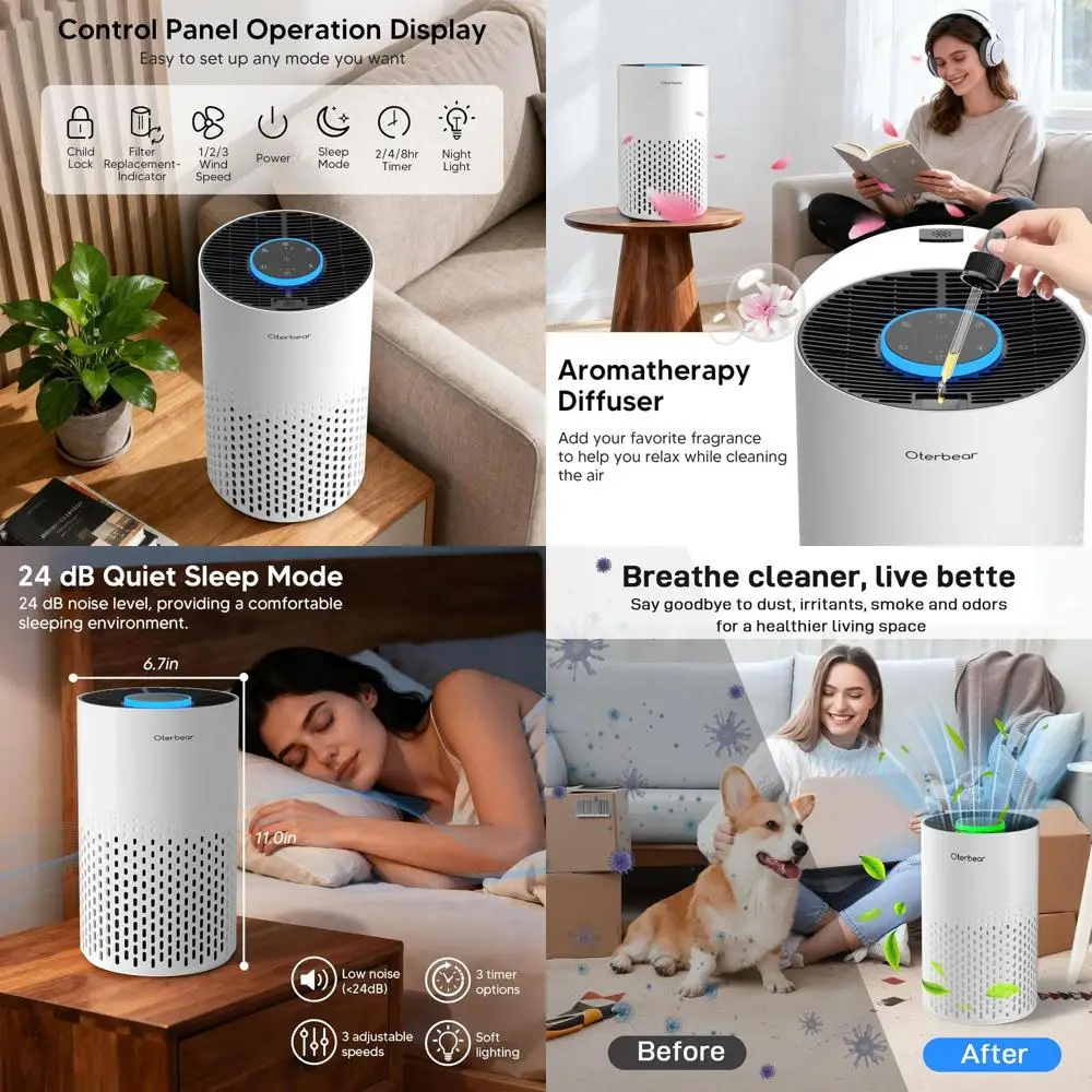 

Очиститель воздуха H14 HEPA для спален площадью 1250 кв. футов - ароматерапия и режим сна, очень тихий, белый цвет