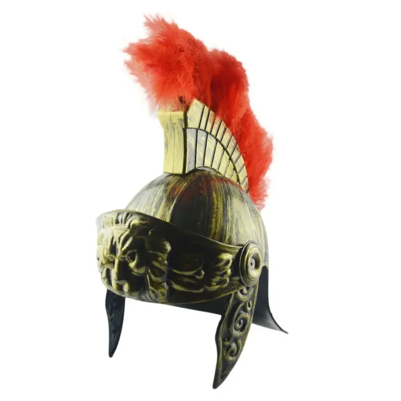Vintage Spartan Helmet Plastic Warrior Hat Medieval Roman Lion Feathered Hat for Cosplay Halloween Party Accessory