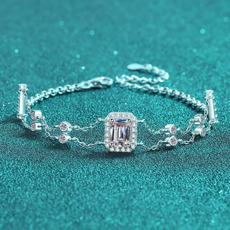 

Luxury Hand Moissanite Diamond Bracelets Women's Rectangular Chamfered Royal Blue Stone Double Chain Bracelet Fine Jewelry Gift