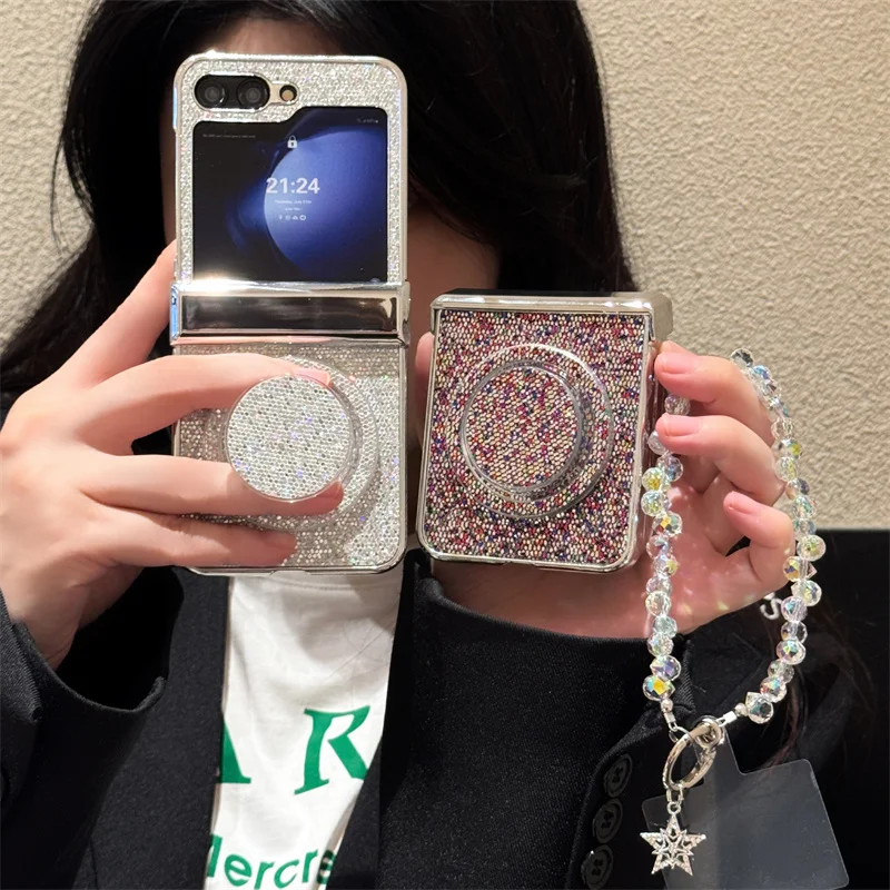 

Роскошный блестящий чехол для телефона с магнитной подставкой для Samsung Galaxy Z Flip 7 6 5 Flip6 Flip7, чехол с цепочкой и шарнирами для Magsafe