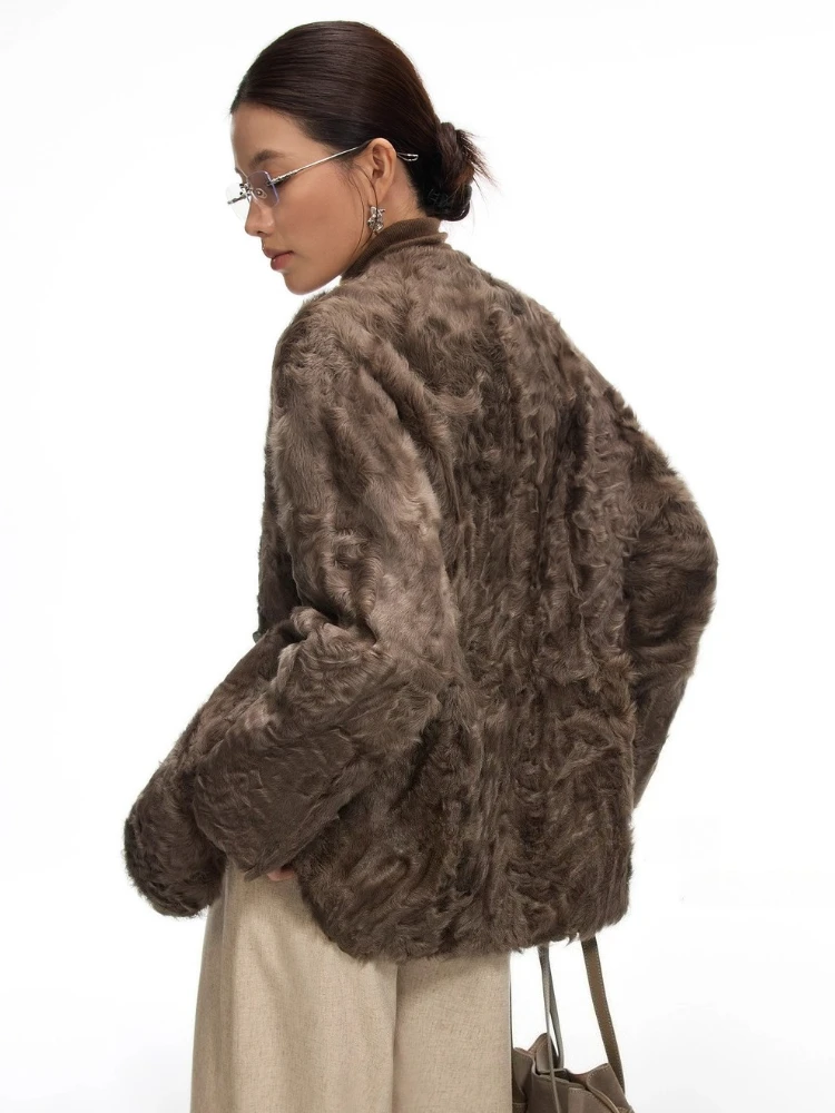 Vestes de luxe en peau d'agneau naturelle pour femmes, haut de gamme, nouveau manteau classique Simple, col en v, en cuir véritable, en peluche, 2025