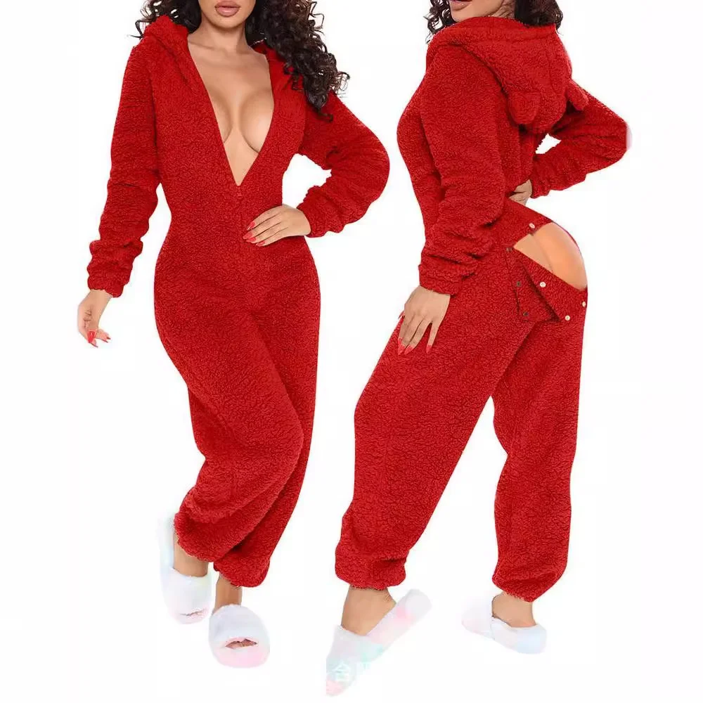 Homewear Pajamas Jumpsuits Women Autumn Winter Long-sleeved Hooded Trousers Rompers Plush Loungewear Pajamas Jumpsuit Outfits