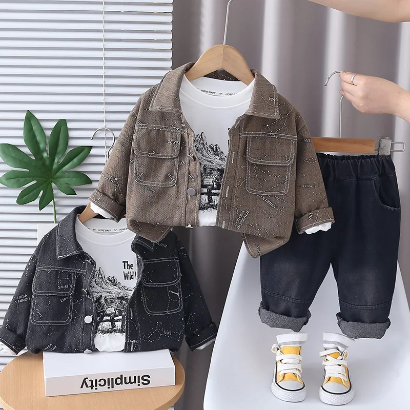 Spring Fashionable Boys' Denim Set Three-Piece Suit Cute Kids' Clothing Korean Style Trendy Spring Autumn Wear for Children