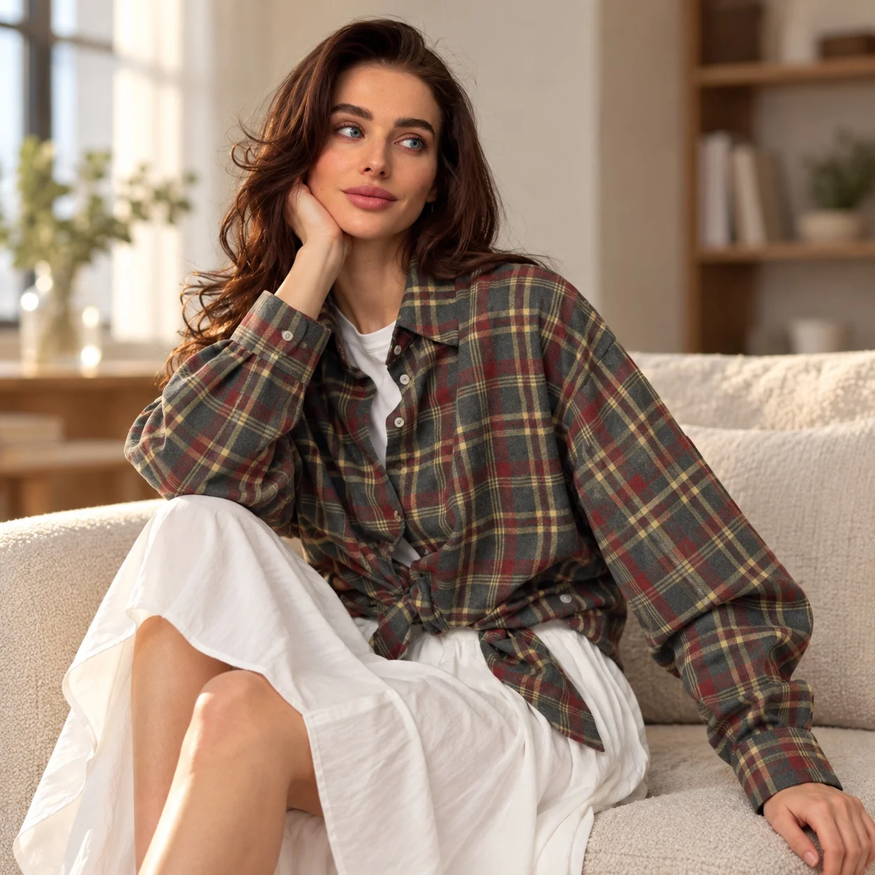Plaid Long Sleeve Shirt Mid Long Length Loose Fit Chinese Style Women Blouse with Plaid Pattern Regular Sleeve Button Closure