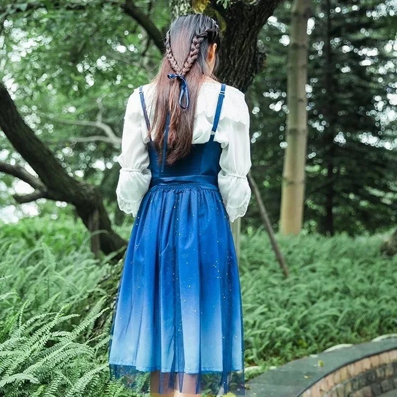 Grace Sweet Lolita Midi Sling Dress Gradient JSK Star Blue Girls Fancy Lace Ruched Pleated Dress Blouse Shirt 2 PCS For Women UY