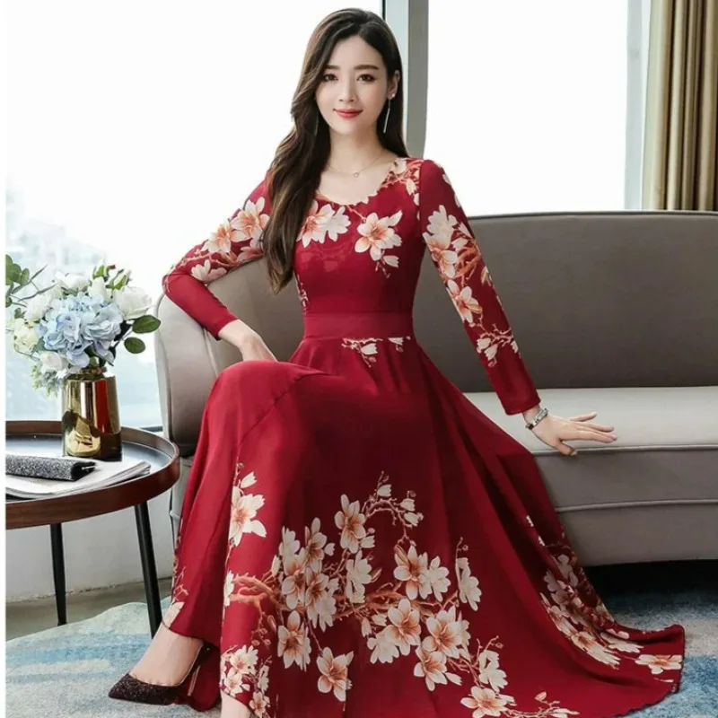 Spring, Autumn and Winter New Printed Dress Long Skirt Red Wedding Clothes Swing